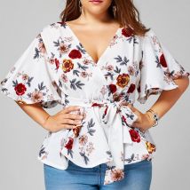5XL Bloue Femmes Femme Imprimé Floral Grande Taille Vêtements Décontracté Ceinturée Surplis Peplum Blouse Col En V Tops Tuniques blusas