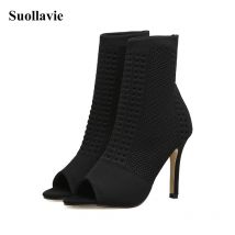 Suollavie-bottines respirantes femmes | Chaussures d'hiver, bottines à bout ouvert, chaussettes en tissu extensible à talons hauts et fins pour femmes, automne