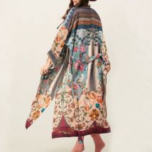 Cache maillot de bain pour femmes, style Boho, imprimé Floral, Kimono, Cardigan, manches longues, ceinture, portefeuille, devant, fente latérale, Robe Maxi