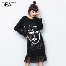 DEAT automne et hiver col rond manches longues imprimé maille patchwork robe pull femme vestido WO13001