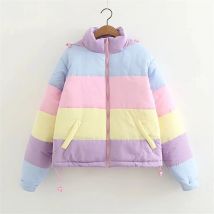 femmes hiver manteau surdimensionné Parkas court veste chaude décontractée rayé hiver vêtements arc-en-ciel rayure épissage moelleux Parka