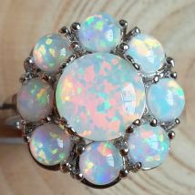 Bohème femme grand feu blanc opale pierre bague argent couleur fleur anneau Vintage bandes de mariage bagues de fiançailles pour les femmes