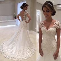 Robe de soirée tubulaire blanche pour mariée | Robe longue de demoiselle d'honneur, dos nu, en dentelle, bustier, à manches courtes, robe de mariage, pour aider Us, en Stock