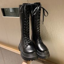 nouvelle plate-forme trapue en cuir genou bottes hautes femmes rétro Punk hauteur augmentant bottes longues à lacets chaussons Mujer