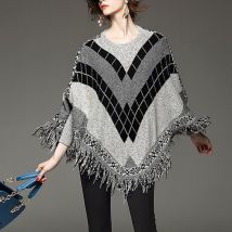 Dame o-cou sort couleur Jacquard gland manteau pull femmes Batwing pulls frangé tricoté Cape tricots MT2262