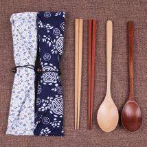 Baguettes en bois cuillère couverts ensembles Style japonais voyage vaisselle costume environnement vaisselle avec tissu Pack ensemble #15