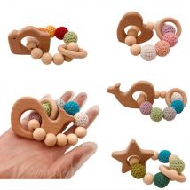 Anneau en bois naturel bébé hochet Crochet perles forme animale en bois dentition mâcher jouets Bracelets en bois bébé Gym
