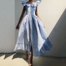 Doux femmes robe Vintage col carré à volants rayé bleu Vestidos dames robe d'été bouton Up Maxi Robes Robes de fête