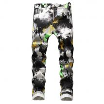 Jean en Denim pour hommes, imprimé blanc, Stretch, léger, Y2K, pantalon crayon, contraste, couleur néon, peint, décontracté