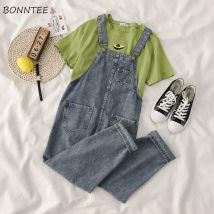 Denim combinaisons femmes lavé bleu salopette coréen Vintage Ulzzang haute streatwear femmes quotidien sans manches pantalons longs barboteuses