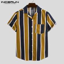 INCERUN hommes rayé imprimé chemises décontracté à manches courtes revers Camisa Vintage poches chemise à fleurs été hawaïen Vocation Blusas