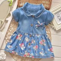 Robes d'été pour filles | En Denim, à imprimé Floral, manches courtes, robe de princesse pour filles, # 10F