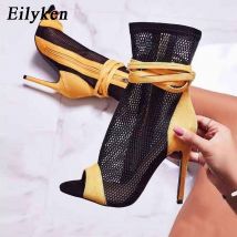 Eilyken été Peep orteil Zip mince talons hauts femmes respirant maille creuse cheville croix à lacets sandales Bootties