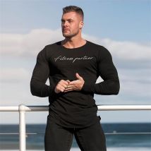 T-Shirt de Sport en coton pour homme, noir, manches longues, entraînement et GYM Rashgard, hauts de Sport