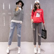 Jean de maternité en Denim avec trous, droit, taille haute, en coton, pour femmes enceintes, pantalon de grossesse ample, été