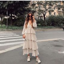 femmes à pois Maxi robe à manches longues col en V en cascade volants zora vicky robe cordon longue hiver robe Vestidos
