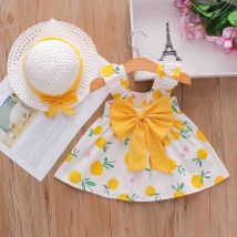 Kids Meisjes Bretels Strik Jurk Lemon Print Prinses Jurk Hoed Outfits Peuter Baby Zomer Kinderkleding Vrouwelijke