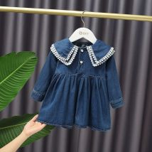 Baby Meisje Zoete Double-Layer Kanten Kraag Jurk Modieuze Herfst Prinses Denim Jurk Kinderen