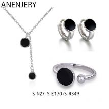 Ensemble de bijoux pour femmes, collier + boucles d&#39;oreilles + bague, en argent, époxy, noir, Simple, bijoux coréens