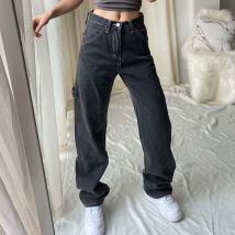 jean femmes noir ample taille haute maman grande taille pantalon droit longue ample jambe large lavé copain Streetwear