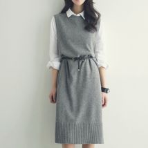 Pull gilet robe automne hiver longue tricoté femmes chandails gilet sans manches pull décontracté solide Vestido avec ceinture