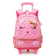 Sac à dos d&#39;école à roulettes pour enfants, avec 2 roulettes, chat mignon, étanche, pour filles