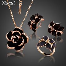 Ensemble de bijoux en émail Rose fleur Rose couleur or noir peinture ensembles de bijoux de mariée pour les femmes de mariage 82606