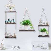 Étagère de corde suspendue en bois rangement flottant mural rustique 1/2/3 niveaux étagère Pot de fleur affichage meubler décoration Artic