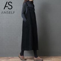 ANSELF-Robe Vintage en velours côtelé, à bretelles, poche, mi-longue, Robe pour femmes, automne hiver décontracté, café noir, collection