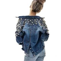 Poire décor court Denim veste femmes automne hiver à manches longues jean veste hauts coréen loisirs perles Joker dos simple boutonnage