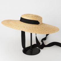 Large bord chapeau de plaisancier 15Cm bord chapeau de paille plat femmes Kentucky Derby chapeau noir ruban cravate chapeau de soleil casquette de plage