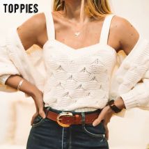 blanc tricoté hauts d'été camisoles femmes sans manches t-shirts évider dames réservoir hauts