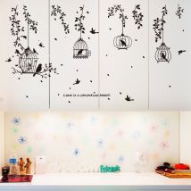 Autocollants muraux noirs cage à oiseaux et arbres | Style européen, décoration pour salon, chambre à coucher, jardin, maison, autocollants d'art, affiche murale