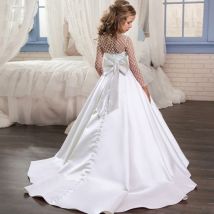 blanc Tailing robe de demoiselle d'honneur enfants robes pour filles enfants Costume princesse fille fête et robe de mariée à manches longues