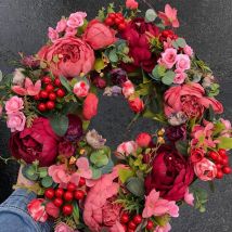 Guirlande de porte décorative, fleur de soie pivoine tête couronne de fleurs 40cm guirlande à la main pour automne hiver affichage extérieur rouge