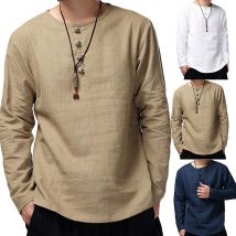 354 # hommes printemps décontracté couleur unie à manches longues O cou boutons coton pull ample chemise
