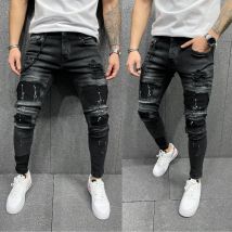 Jean déchiré pour hommes, coupe crayon, bleu, Denim, à la , vêtements de fête, de rue, de moto