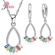 Original 925 en argent Sterling charmant goutte d'eau coloré zircone boucles d'oreilles collier pour femmes filles fête bijoux