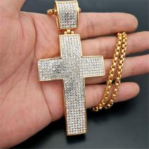 Collier avec pendentif grande croix glacé pour hommes, couleur or, en acier inoxydable, collier Hip Hop avec strass, bijoux chrétiens