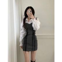 QWEEK – robe à bandes coréenne, moulante, Vintage, Kpop portefeuille, Robes courtes décontractées à manches longues, printemps 2022