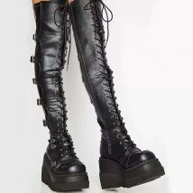 femme haute plate-forme cuissardes nouvelle boucle Punk talons hauts bottes femmes Cosplay chaussures à semelles compensées femme