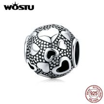 WOSTU réel 925 argent Sterling rétro coeur perles rondes ajustement Original Bracelet pendentif à breloques bijoux Vintage pour les femmes CQC1451