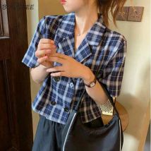 Blazers femmes Plaid manches courtes recadrage hauts Chic Double boutonnage décontracté Style coréen femmes Femme Streetwear Chic
