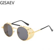 GISAEV-lunettes de soleil de conduite pour femmes et hommes, monture ronde rétro Steampunk, grille métallique or argent, monture tendance