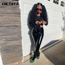 CM.YAYA vêtements de sport femmes ensemble à lacets à manches longues culture hauts Flare fente PU pantalon ensemble Sexy survêtement Fitness deux pièces ensemble tenues