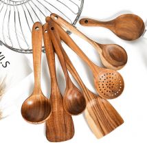 Vaisselle en teck bois naturel, cuillère louche retourneur à riz passoire soupe écumoire ensembles d'outils de cuisine, cuillère outils de cuisine, Gadgets
