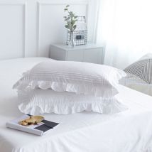 Cilected 100% Taie d'oreiller en coton Lotus Feuille Taie d'oreiller Princesse Fille Dortoir Blanc À Volants Sommeil Taies D'oreiller 2 pièces