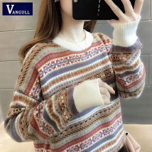 Vangull rayure imprimé tricoté femmes pull multicolore à manches longues pulls paresseux Style lâche Femal pull hauts