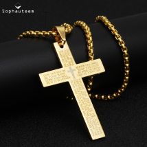 Croix collier rétro chrétien jésus écriture acier inoxydable or noir prière tour de cou croix pendentifs collier pour femmes hommes
