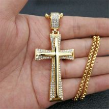 Hip Hop – collier avec pendentif en forme de croix pour homme, en acier inoxydable, boîte dorée, chaîne pavée de strass, bijoux